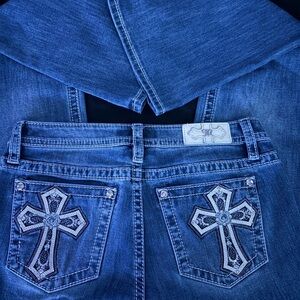 Blue Denim Jeans with Cross Embroidery